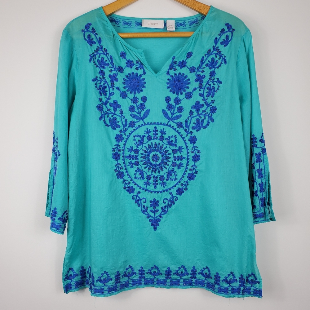 Chico's Turquoise and Blue Embroidered Tunic